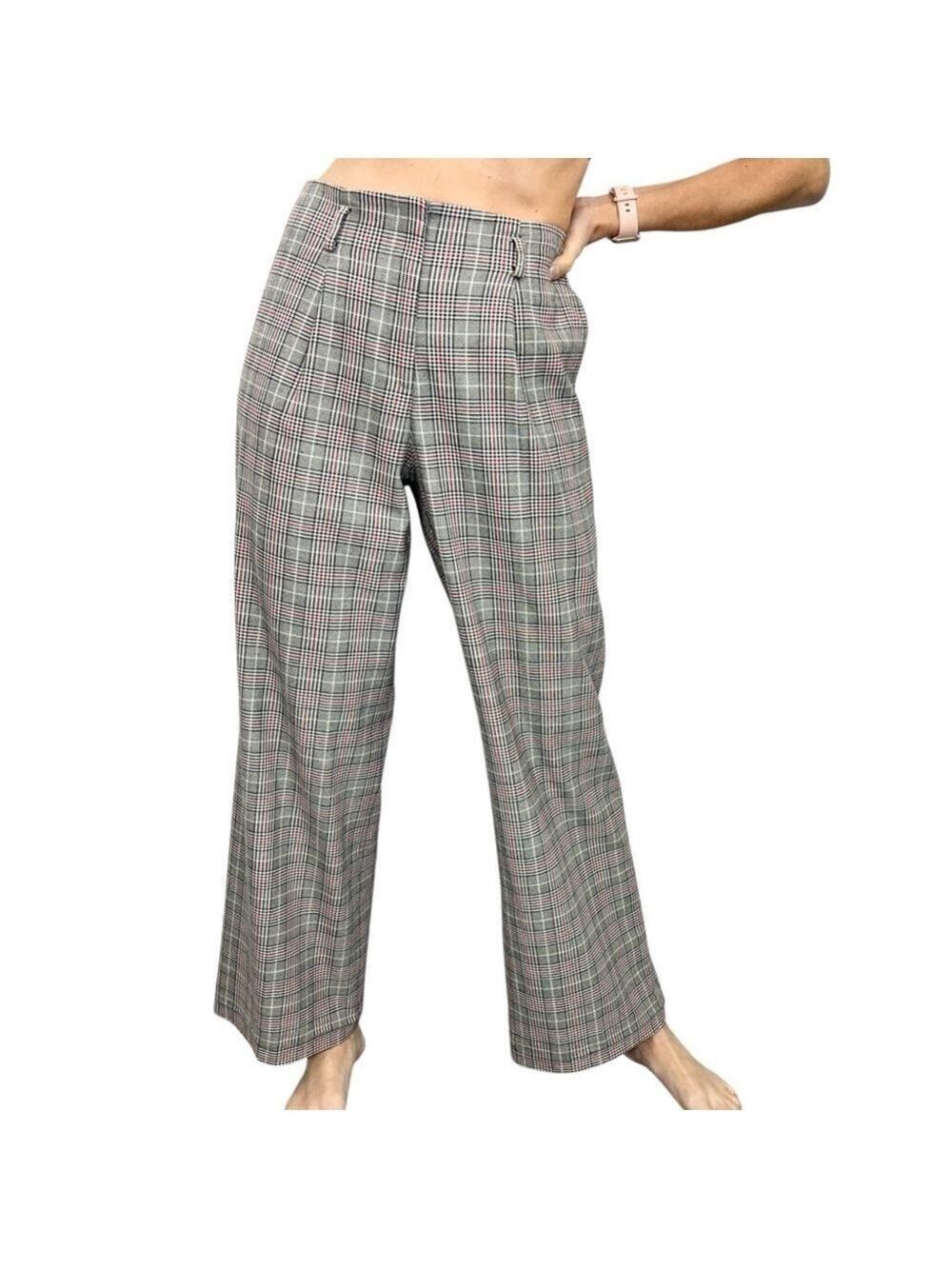Tristan Canadian made black white pink glen check pleated wide leg trousers 8